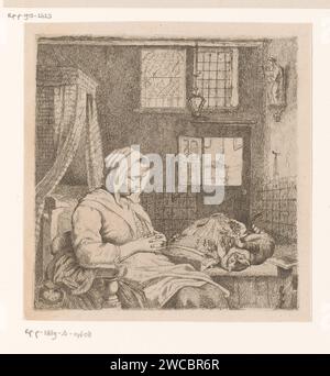 Operaio pizzo addormentato in un interno con gatto sul tavolo, Ignatius Josephus van Regemorter, 1795 - 1873 stampa carta incisione addormentarsi; incoscienza. cat. interno della casa Foto Stock