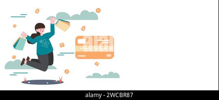 La donna porta con sé borse della spesa e carta di credito galleggiante. Shopping online, pagamento con carta di credito pagamento su cellulare. Pagamento online mobile per Illustrazione Vettoriale