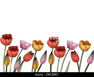 Set di tre fiori di tulipani disegnati a mano schizzo colorato per disegnare illustrazioni vettoriali di libri isolati su sfondo bianco Illustrazione Vettoriale