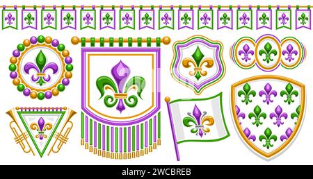 Vector Fleur de Lis Set, striscione orizzontale con una collezione di illustrazioni isolate di fiori di varietà verde e viola, panino senza cuciture Illustrazione Vettoriale