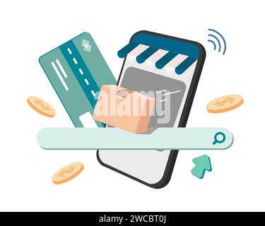 Shopping online con telefono cellulare, imballaggio per la spedizione dei prodotti, carta di credito, barra di ricerca e moneta per il concetto di pagamento online. Illustrazione vettoriale Illustrazione Vettoriale