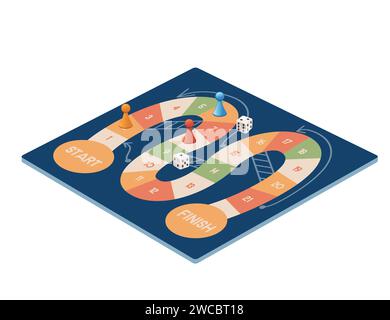 Gioco di viaggio con scala, figura e dadi, con illustrazione vettoriale isolata su sfondo bianco Illustrazione Vettoriale