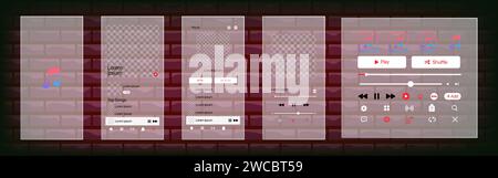 Interfaccia musicale Apple. App musicale. Modello di applicazione su iPhone mockup. Lettore musicale in abbonamento. Profilo, brano, album, playlist. Pausa, nota, ricerca Illustrazione Vettoriale