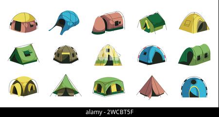Tenda da campeggio. Rifugio estivo all'aperto con corda e pioli, varie tende turistiche colorate per escursioni e campeggio. Tende in tela per cartoni animati con attrezzatura tenda riparo corda illustrazione Illustrazione Vettoriale