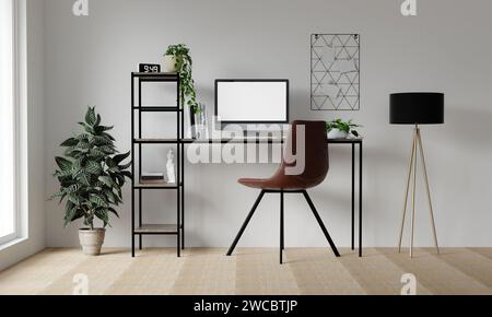 Modello PC di schermo bianco vuoto in uno spazio di lavoro moderno con computer, tablet e telefono su scrivania nera e parete bianca nella vista frontale. Rendering 3D. Foto Stock