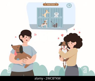 Adozione di animali domestici dal riparo per animali. La gente tiene gattino e cane. Gatti e cani da cartoni animati in gabbia. Cucciolo adottato volontario. illustrazione vettoriale Illustrazione Vettoriale