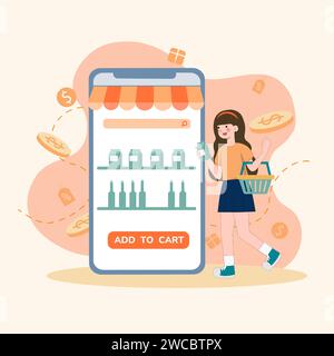 shopping online nei negozi online. La gente compra cibo nei negozi online. Gli acquirenti che acquistano su Internet vendono immagini vettoriali piatte. Illustrazione Vettoriale