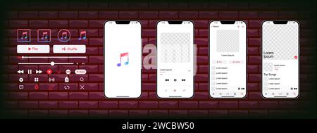 Mockup musicale Apple. App musicale. Modello di applicazione su iPhone mockup. Lettore musicale in abbonamento. Profilo, brano, album, playlist. Pausa, nota, ricerca, Illustrazione Vettoriale
