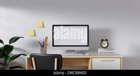 Rendering 3D dell'area di lavoro moderna del soggiorno con scrivania e computer desktop. L'ufficio domestico è un luogo sicuro in cui lavorare. Foto Stock