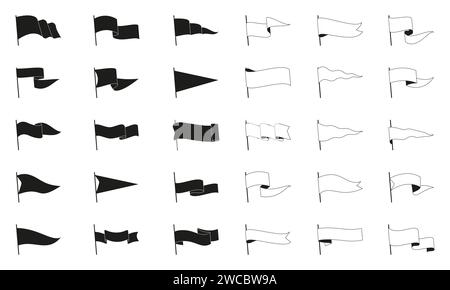 Bandierine nere retrò. Delinea pennanti ondulati triangolari araldici cavalieri e bandiere per il campeggio, la natura selvaggia e la decorazione della mappa di viaggio. Illustrazione del pennant Vector Flat Set of flag Outline Illustrazione Vettoriale