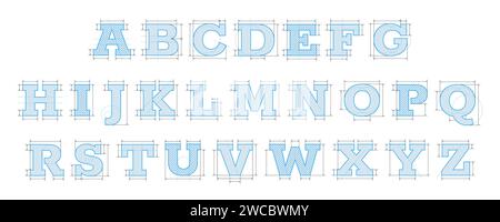 Font Blueprint. Lettere geometriche moderne, testo tecnico con struttura a reticolo con tratti smussati, tipografia minimale per il design del logo. Serie vettoriale del tipo di testo abc, illustrazione della lettera tipografica Illustrazione Vettoriale