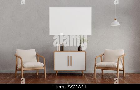 Interni moderni e minimalisti con una poltrona su sfondo bianco vuoto e un modello di cornici bianche su parete bianca. illustrazione del rendering 3d. Foto Stock