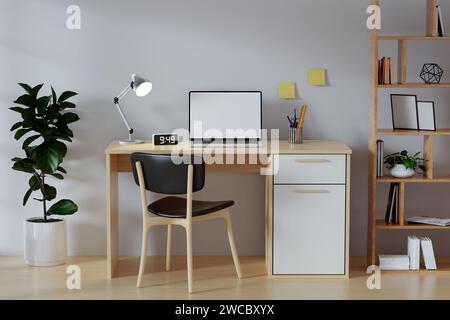 Rendering 3D dell'area di lavoro moderna del soggiorno con scrivania e computer desktop. L'ufficio domestico è un luogo sicuro in cui lavorare. Foto Stock
