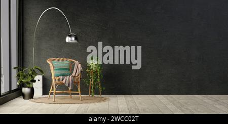 Interno del soggiorno nel loft. Poltrona, lampada, pianta e parete scura e foderata. Illustrazione del rendering 3D. Foto Stock