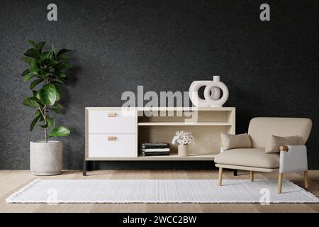 Armadio rustico in legno vicino alla parete con sedia e albero. Design degli interni di un soggiorno moderno. Illustrazione del rendering 3D. Foto Stock