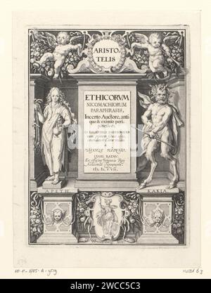 Virtù e malizia, Willem Isaacsz. Van Swanenburg, stampa del 1607 su un piedistallo a sinistra è la virtù con un cavallo per la moderazione in una mano e una brocca nell'altra. A destra c'è Malizia, un satap con serpenti come lei. Al centro di un cartiglio con Minerva. Putti che soffiano a sinistra e a destra sopra due trombe. Temperanza dell'incisione di carta di Leida, "Temperantia"; "Temperanza" (Ripa)  una delle quattro virtù cardinali. Temperanza, moderazione; "misura" (Ripa). Rabbia, rabbia Foto Stock