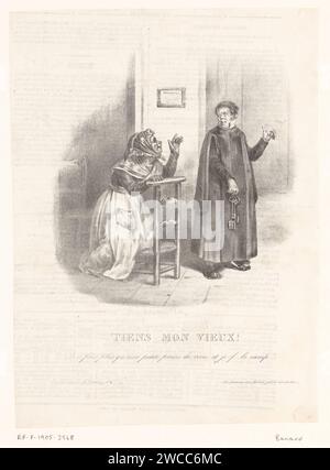 Caricatura di un sestone che insegue una vecchia donna, Anonimo, Jean Francois Benard, 1832 - 1850 il sestone con i Keybos vuole cacciare via una vecchia che si è inginocchiata su una sedia d'asta. Dice che farà solo una breve preghiera prima di grattarsi. Quotidiano di Parigi preghiera (vocale) quotidiana da una persona. vecchia donna. acolyte, corista, lector, ostiarius, ecc. - Funzionari della chiesa cattolica romana Foto Stock