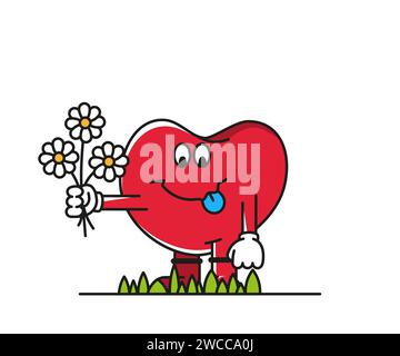 Il cuore rosso allegro dona un bouquet di fiori. Progettazione grafica. Illustrazione Vettoriale
