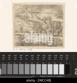 Knotwilgen on the Waterkant, Augustinus Jacobus Bernardus Wouters, 1839 - 1886 faccia stampata su un'acqua con quattro salici pollard. In primo piano due figure in uno sloop e un mulino in secondo piano. Alberi da incisione della carta nei Paesi Bassi: willow. mulino a vento. canottaggio, canoa, ecc. Foto Stock