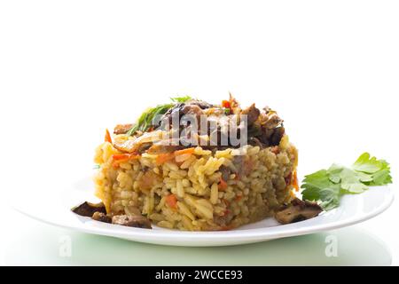 Pilaf dietetico con funghi e verdure in un piatto isolato su sfondo bianco. Cibo vegetariano. Foto Stock