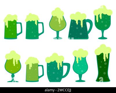Set di bicchieri di birra verde isolato su sfondo bianco. Birra con schiuma in bicchieri di varie forme e su uno stelo. Tazze e bicchieri di birra per S. Illustrazione Vettoriale