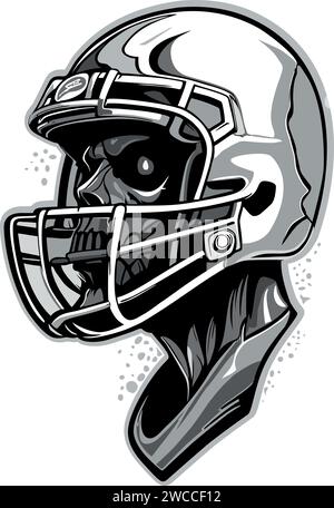 Teschio del giocatore di football americano con casco monocromatico. Illustrazione Vettoriale