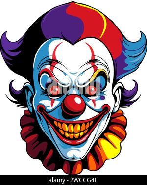 ILLUSTRAZIONE VETTORIALE DI UN CLOWN DALL'ASPETTO MALVAGIO CHE RIDE, OCCHI ROSSI E CAPELLI COLORATI. Illustrazione Vettoriale