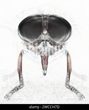 Immagine monocromatica semplificata della testa del Gigante Oscuro Tabanus sudeticus che enfatizza i suoi grandi occhi composti e la proboscite perforante Foto Stock