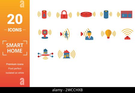 Smart Home icon set. Includere elementi creativi digital assistant, robot aspirapolvere, smart video controllo, smart light, home icone del mozzo. Possono essere utilizzati Illustrazione Vettoriale