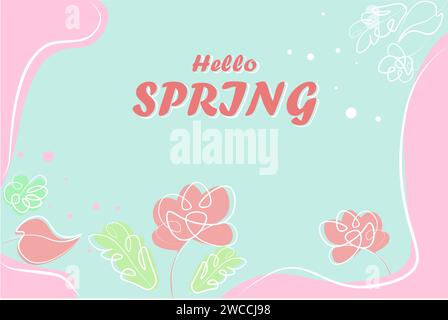 Cartolina blu primavera con fiori rosa, foglie verdi e didascalia Hello Spring. Ai bordi dei divorzi rosa e bianco. Vettore. Orizzontale Illustrazione Vettoriale