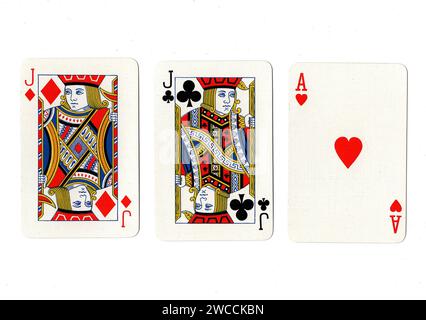 Carte da gioco vintage che mostrano un paio di jack e un asso isolato su sfondo bianco. Foto Stock