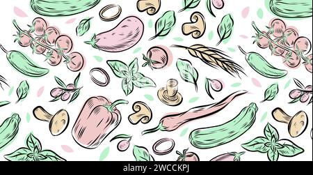 verdure disegnate a mano colorato motivo doodle. Illustrazione per sfondi, cartoline, poster, striscioni, stampe tessili, copertura Illustrazione Vettoriale