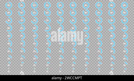 Diagrammi circolari percentuali da 0 a 100. Set di icone per infografica. Raccolta di grandi percentuali per interfaccia utente utente o infografica aziendale. Blu e. Illustrazione Vettoriale