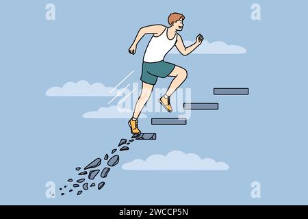 Un uomo ambizioso corre su una scala che si sgretola, cercando di raggiungere l'obiettivo e dimostrando mancanza di paura. Guy si impegna per il successo, mostrando forte motivazione e impavidità per ottenere la vittoria Illustrazione Vettoriale