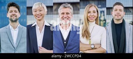 persone di età diversa che guardano striscioni orizzontali a mosaico con collage fotografico. persone in viaggio d'affari che sorridono di gruppo, volti ritratti con la testa. Foto Stock