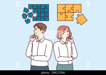 Gli uomini d'affari riflettono sui piani di sviluppo e marketing aziendali che si avvicinano a rompicapo di dimensioni diverse. Strategia aziendale e pianificazione del team per evitare errori nella costruzione dell'azienda Illustrazione Vettoriale