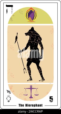 Carta dei tarocchi egiziani numero 5, chiamata stregone. Sagoma del dio Anubis Illustrazione Vettoriale