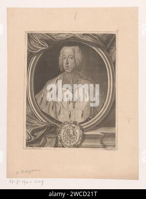 Ritratto di Jozef Klemens, Elettore e Arcivescovo van Keulen, Joseph Mörl, dopo Georg Desmarées, 1691 - 1735 carta stampata incisione / incisione di persone storiche. cuscinetto araldico Foto Stock