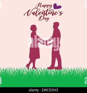 Biglietto d'auguri per San Valentino con silhouette di coppia nera che tiene le mani su sfondo rosa Illustrazione Vettoriale