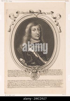 Ritratto di Carlo II, re di Spagna, Nicolas de Larmessin (i), stampatore del 1679: Francepublisher: ParisFrance paper Engraving / etching Historical Persons. re Foto Stock