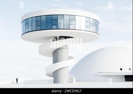 Persona in piccolo che fotografa la torre e il centro espositivo del Niemeyer Center di Aviles, Asturie, Spagna. Foto Stock