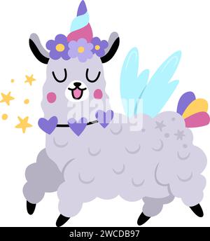 Vector Happy llama unicorno. Animale fantasy con corno arcobaleno e coda, fiori sulla testa, ali, stelle. Personaggio da favola per bambini. creazione magica dei cartoni animati Illustrazione Vettoriale