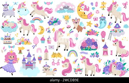 Insieme di unicorni vettoriali. Grande collezione con personaggi da favola, fata, animali con corna, castello su nuvola, arcobaleno, stelle cadenti, cristalli, dolci. F Illustrazione Vettoriale