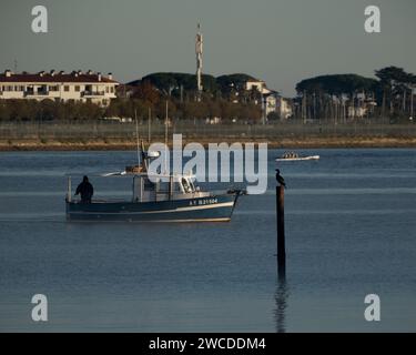 foto orizzontale in cui è possibile vedere un pescatore che pesca con la sua piccola barca che passa vicino a un cormorano arroccato su un bastone mentre si trova sullo sfondo Foto Stock