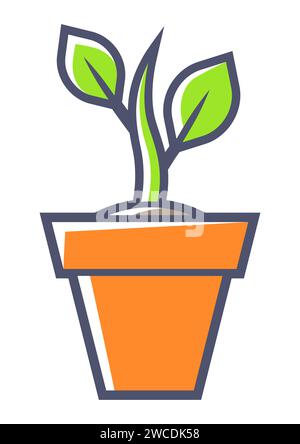 Sprout con le foglie in pentola. Illustrazione dell'agricoltura, della coltivazione e della piantagione. Illustrazione Vettoriale