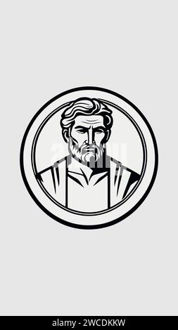 logo circolare di uomo stoico con spazio per testo personalizzato, semplice disegno in poche righe su sfondo bianco Illustrazione Vettoriale
