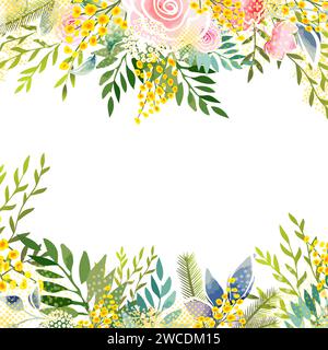 Cornice con mimosa gialla. Corona primaverile dei fiori gialli più luminosi. Ciao, primavera. disegno manuale. Non ai, Illustrazione Vettoriale