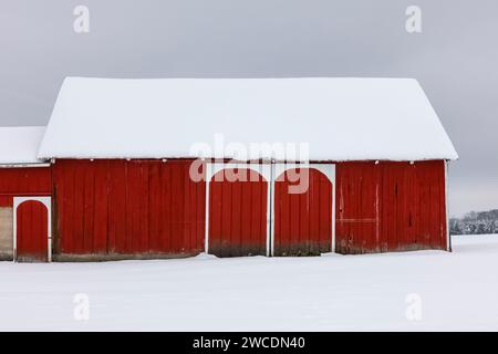 Fienile rosso con ingresso bianco ad arco dopo una tempesta di neve nella contea di Mecosta, Michigan, Stati Uniti [nessun rilascio di proprietà; solo licenze editoriali] Foto Stock