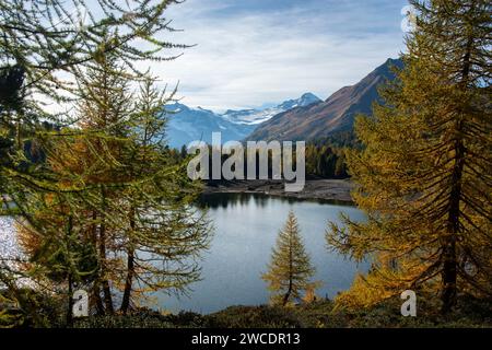 Herbstlicher Weitblick im Val da Camp mit seinen faszinierenden Bergseen Foto Stock