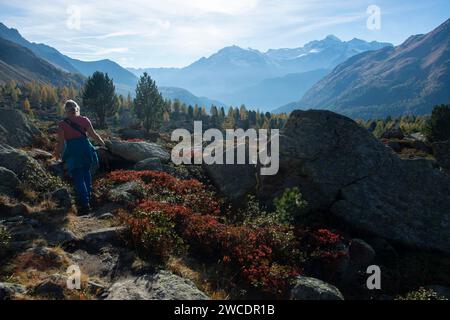 Herbstlicher Weitblick im Val da Camp mit seinen faszinierenden Bergseen Foto Stock